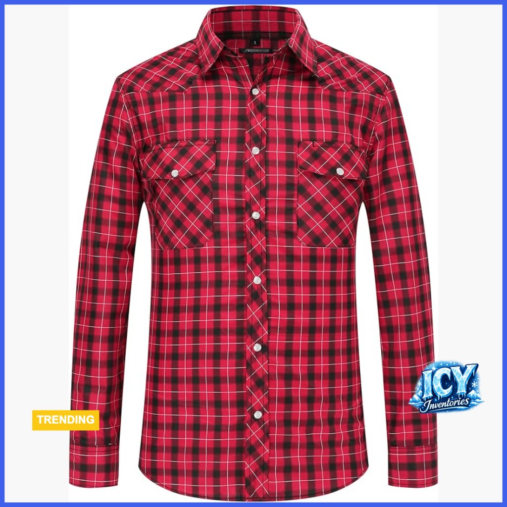 Men's Cowboy Pearl Snap Button Plaid Long Sleeve Casual Shirt